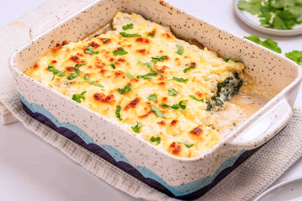 A dish of Spaghetti Squash and Spinach Casserole.