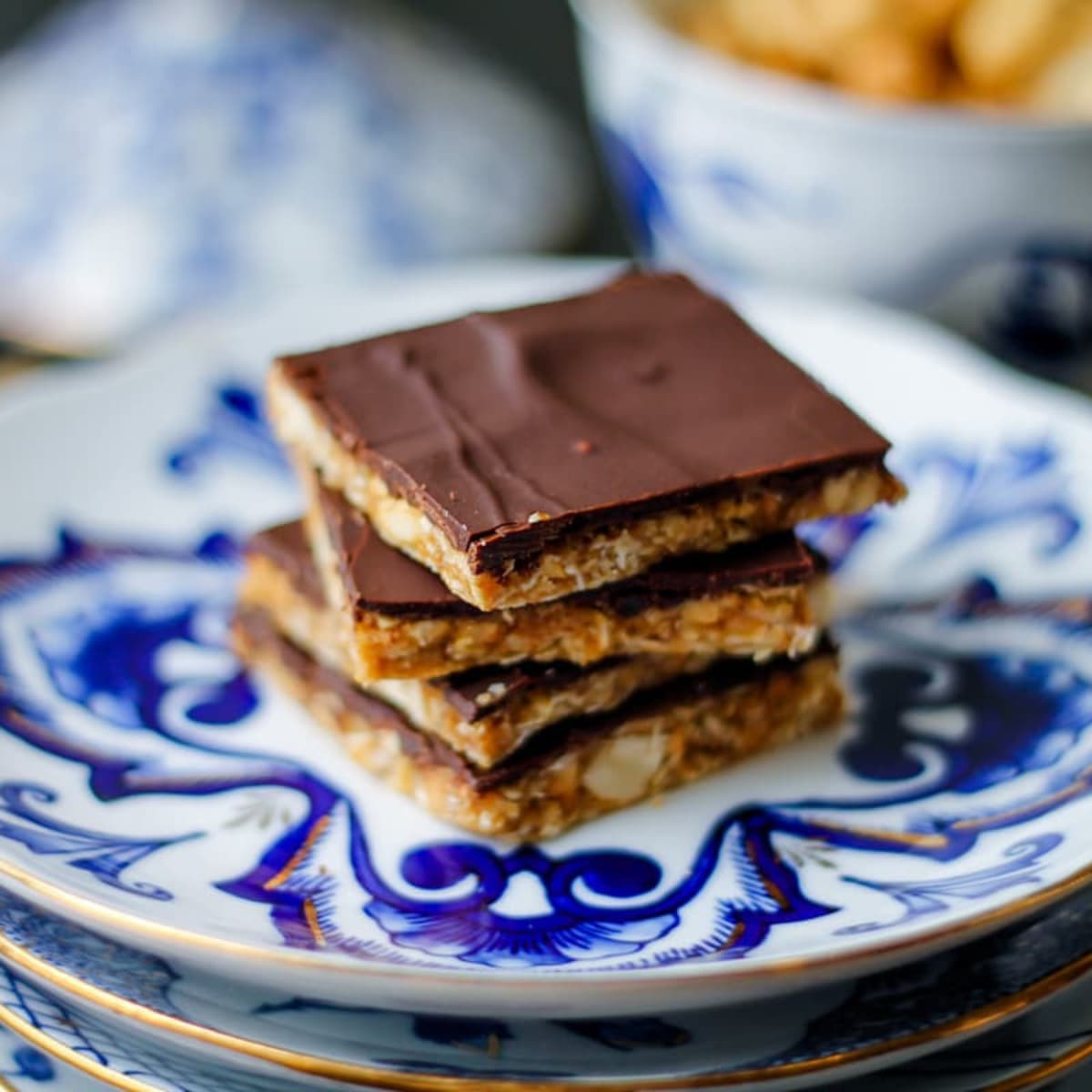 A plate of cashew candy bars.
