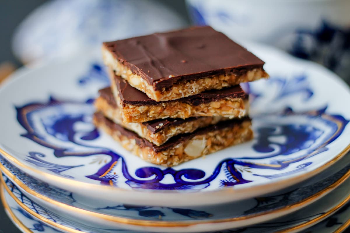Homemade cashew candy bars sliced into squares.