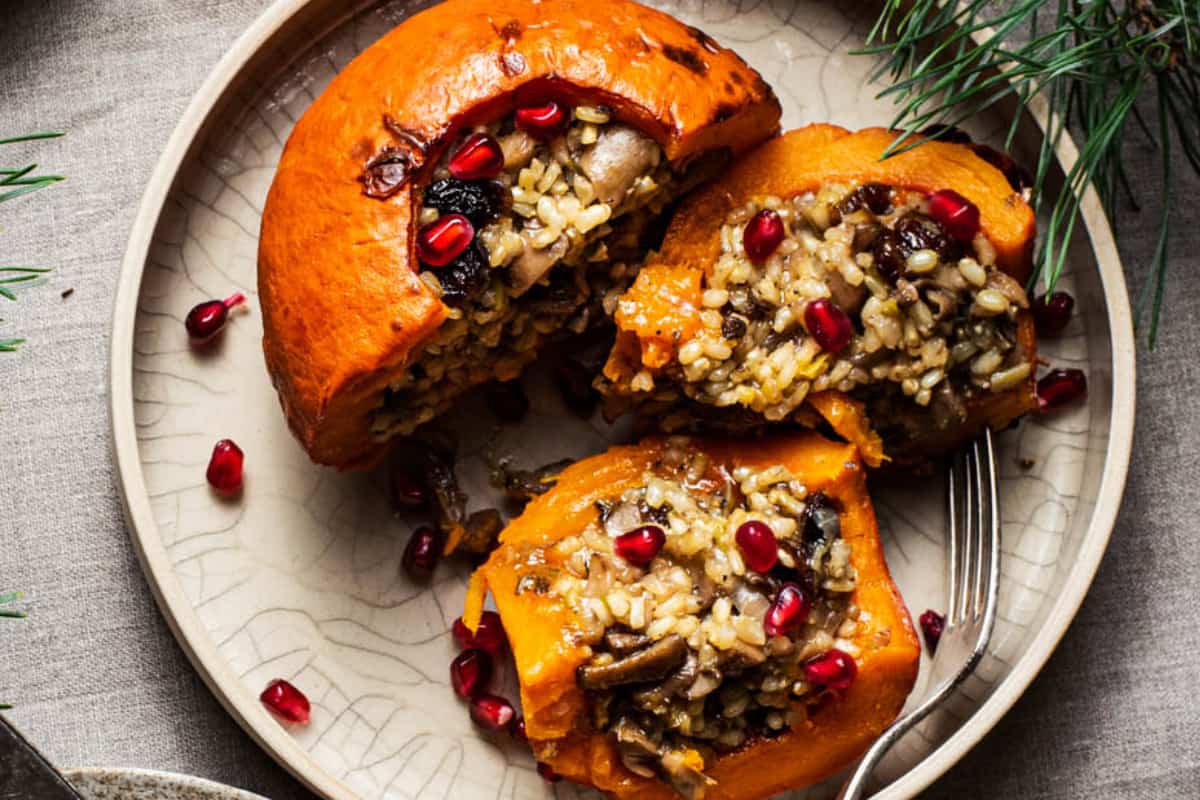A dish of Vegetarian Stuffed Pumpkins.